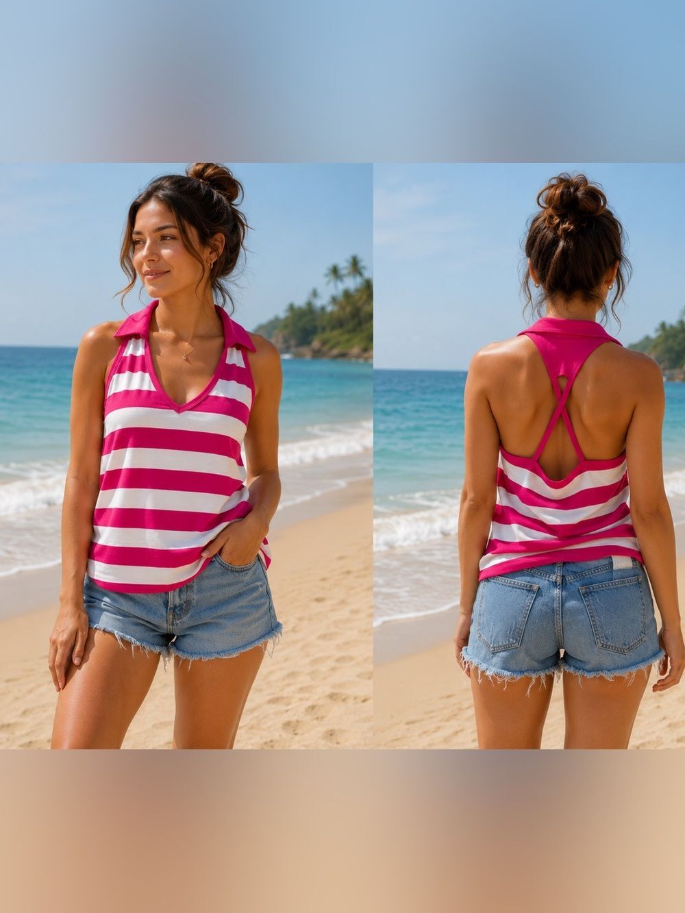 (A1) Lotus Top vintage made in USA sleeveless with V-neck back in pink stripes,L